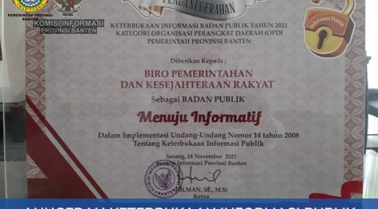 Biro Pemerintahan dan Kesra Setda Provinsi Banten Raih Penghargaan Keterbukaan Informasi Publik Tahun 2021