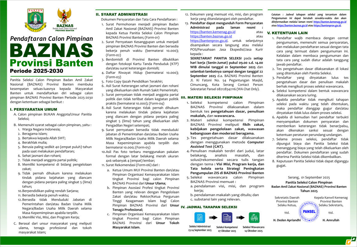 Pengumuman Pendaftaran Seleksi Calon Pimpinan Badan Amil Zakat (BAZNAS) Provinsi Banten Periode 2025 – 2030